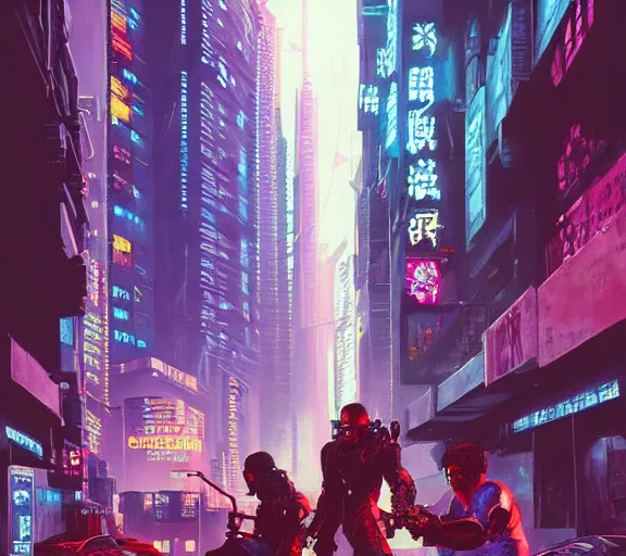 Image similar to a portrait of a cyberpunk gangoon street battle, Night City, cyberpunk 2077, very very coherent painting, 1979 OMNI Magazine Cover, street level neo-Tokyo in Cyberpunk 2045 style by Vincent Di Fate by mark arian by artgerm, 4k, 8k, HD, trending on artstation