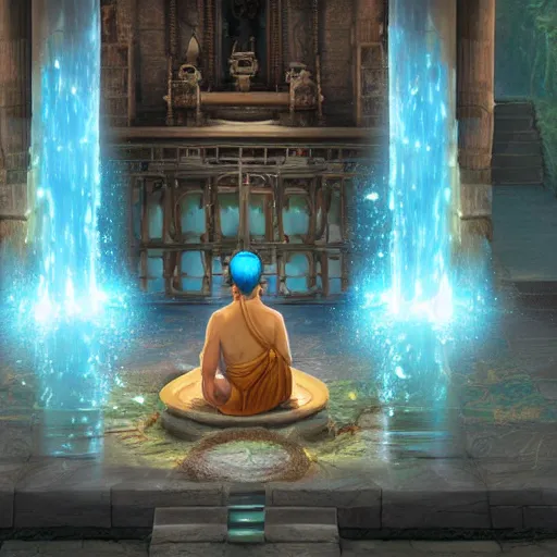 Image similar to a man cast a water spell inside a temple, artstation