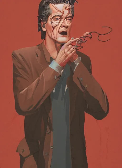 Prompt: Twin Peaks movie poster artwork by Michael Whelan and Tomer Hanuka, Karol Bak, Rendering of Kyle MacLachlan resists the body horror, from a scene from Twin Peaks, clean, full of detail, Matte painting, trending on artstation and unreal engine