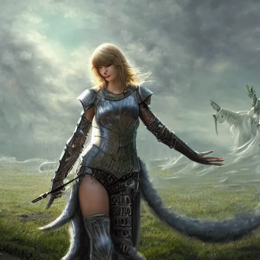 Image similar to the picture of taylor swift in a knight armor, epic fantasy art, mystical, mystic atmosphere, mythology, photo realistic, high detail, ultra realistic, hyper realistic, high definiton, 4 k uhd,