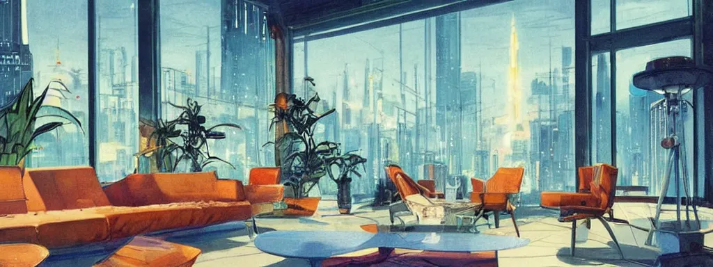 Prompt: concept art, retro - futurist penthouse, night - time, designer furniture, high ceiling, 6 0 s colour palette, plants, flowers, floor lamps, multi - level, reflections, soft lighting, city view, bladerunner, james jean, syd mead, akihiko yoshida, cinematic