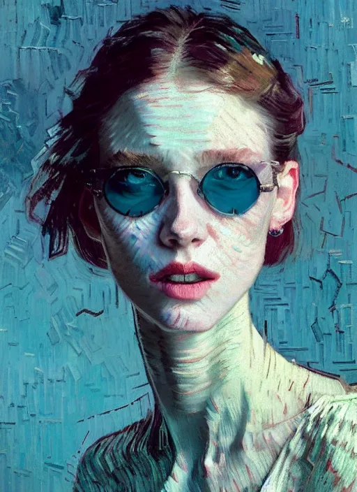 Prompt: portrait of beautiful girl, porcelain skin, ecstatic, dancing, eyes closed, shades of pastel blue and light grey, new york backdrop, beautiful face, rule of thirds, intricate outfit, spotlight, by greg rutkowski, by jeremy mann, by francoise nielly, by van gogh, digital painting