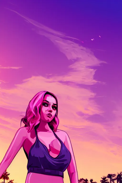 Prompt: a stunning GTA V loading screen with a beautiful woman with ombre hairstyle in purple and pink blowing in the wind, sunset, outrun, vaporware, retro, digital art, trending on artstation