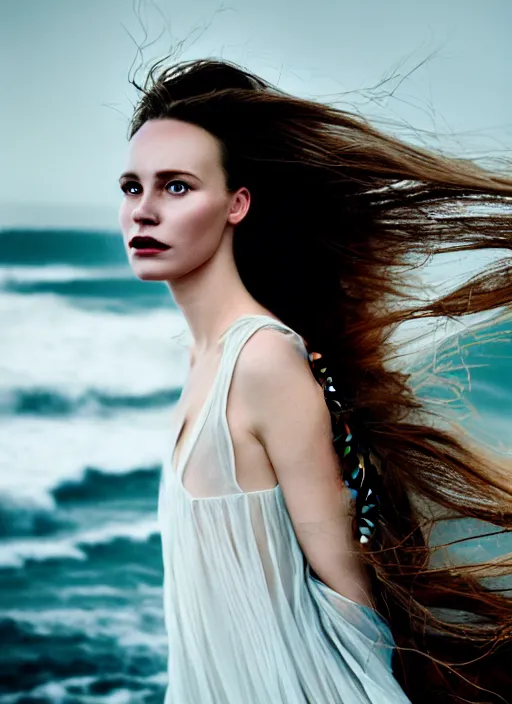 Image similar to cinestill 5 0 d portrait photo of a beautiful woman, britt marling 3 / 4, delicate, subsurface scattering, long hair floating in air in style of gilles zimmermann, 1 5 0 mm, windy mood, dress in voile, mute dramatic colours, soft blur outdoor stormy sea background, volumetric lighting, hyper detailed, hyper realistic