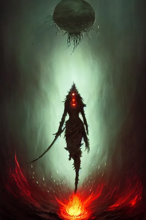 Prompt: Black Orb of Fire, digital art, fantasy, magic, trending on artstation, illustration by Seb McKinnon and Peter Mohrbacher, ultra detailed, atmospheric, powerful presence, bossfight, darksouls, grand finale, explosive entrance, final battle, cutscene, cinematic lighting, beautiful goddess, unleashing the power of the flame, burning pulse