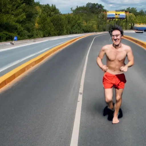 Prompt: a man wearing a pool tube running down a busy highway