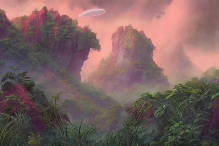 Image similar to digital painting of a foggy lush natural scene on an alien planet by gerald brom. digital render. detailed. beautiful landscape. colourful weird vegetation. cliffs and water.