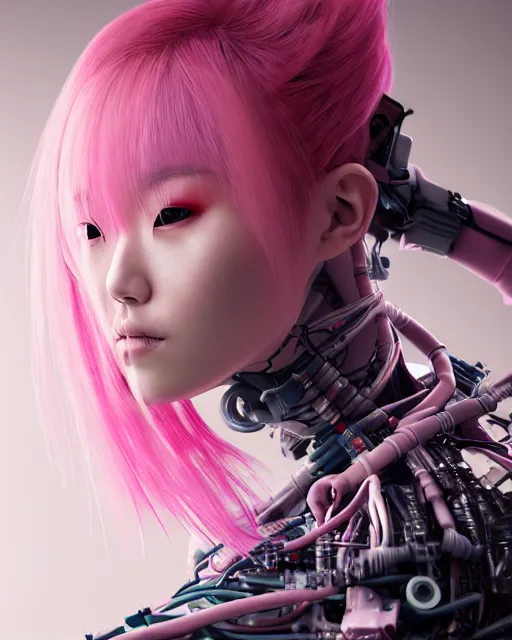 Image similar to portrait of a beautiful japanese woman with pink hair as a cyberpunk cyborg half robot, revealing wires and electronics, hooked - up, sci - fi, missing panels, intricate abstract upper body intricate artwork, concept art, octane render, deviantart, cinematic, key art, hyperrealism, iridescent accents, portrait photograph, nikon 3 5 mm, photograph by greg rutkowski