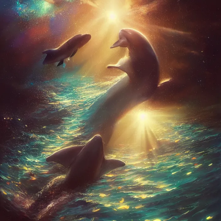 Image similar to glimmering whale, dolphins, cosmos, milky way galaxy, golden hour, god rays, coral reef, dreamscape by artgerm and ruan jia and ismail inceoglu and greg olsen, masterpiece, beautiful, intricate, elegant, highly detailed