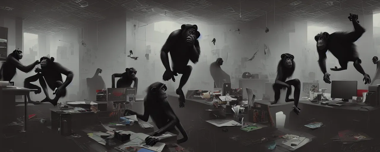 Prompt: duotone noir concept illustration of group wild and crazy chimps ruining inside of modern office computer rooms, octane render, concept hideo kojima surreal atmosphere, volumentric lighting. cosmic horror. accidental renaissance. by sachin teng and sergey kolesov and ruan jia and heng z. graffiti art, scifi, fantasy, hyper detailed. trending on artstation