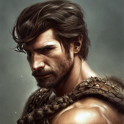 Image similar to portrait of a young, ruggedly handsome warrior, soft hair, muscular, half body, leather, hairy, d & d, fantasy, intricate, elegant, highly detailed, digital painting, artstation, concept art, smooth, sharp focus, illustration, art by artgerm and greg rutkowski and alphonse mucha