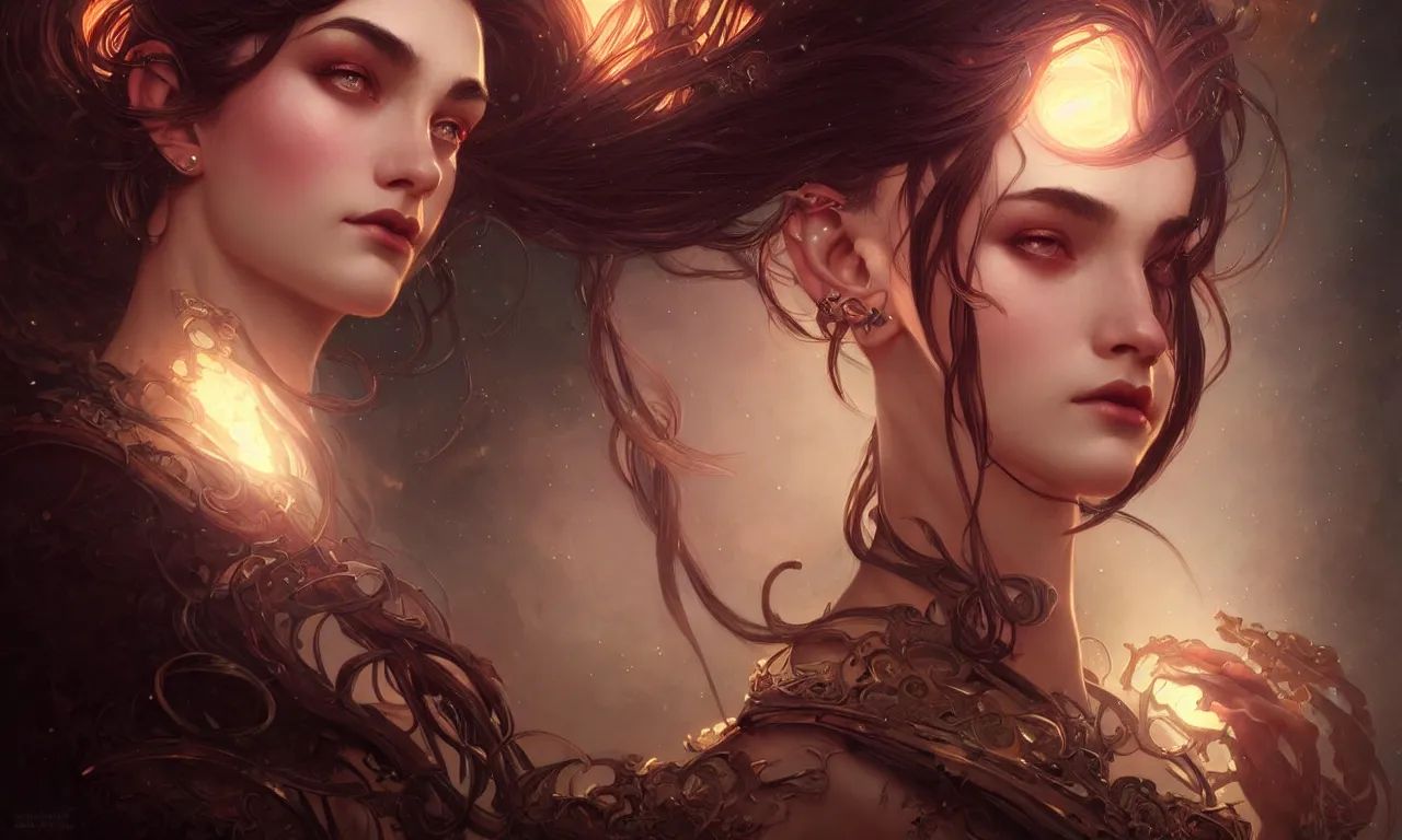 Image similar to portrait of chaos goddess closeup filled background around face, fantasy magic, undercut hairstyle, dark light night, intricate, elegant, sharp focus, illustration, highly detailed, digital painting, concept art, matte, art by wlop and artgerm and greg rutkowski and alphonse mucha, masterpiece