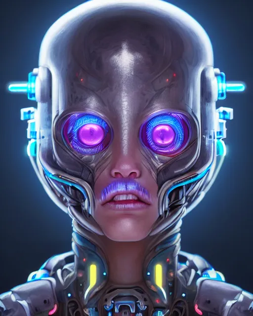 Image similar to portrait of a creepy cute cyborg creature, bioluminescent, highly detailed, digital painting, cinematic lighting, hyperrealism, dark retrowave, art by stanley lau and artgerm and magali villeneuve and alphonse mucha, artstation hd, octane render, cgsociety