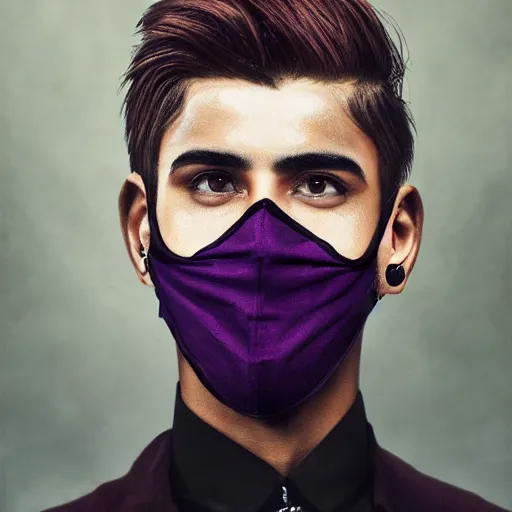 Image similar to professional digital art of a stylish young adult man with short dyed hair, a black face mask, earrings, and striped clothes, high quality, HD, 8K, highly detailed, award-winning, sci-fi, fantasy, movie character, dark purple clouds