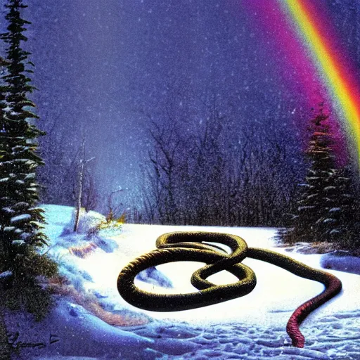 Prompt: a horsesnake on an ice lake in a snowstorm, beautiful lighting, rainbows, by larry elmore