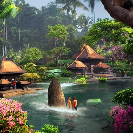 Image similar to A beautiful, perfect, impressive, amazing concept art digital CG painting of a place in Bali with people, trending on ArtStation, Unreal Engine