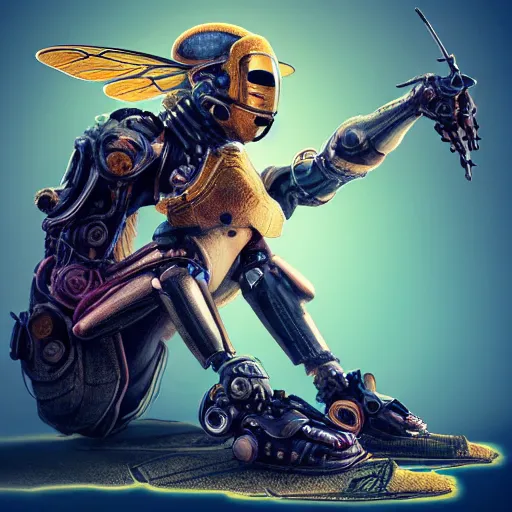 Prompt: a bee squatting in knee pads, biopunk art, vivid color tones, beautiful and horrible, intricate transhuman, dystopian cyberpunk, eyelashes, extremely detailed, digital painting, sculpted in zbrush, artstation, concept art, smooth, sharp focus, illustration, chiaroscuro soft lighting, golden ratio, rule of thirds, fibonacci, lots of reflective surfaces, subsurface scattering
