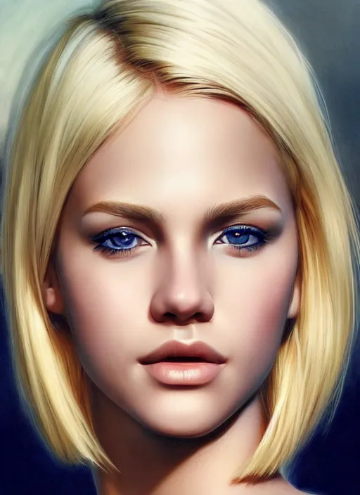 Image similar to photo of a gorgeous young woman with blonde hair, pixie cut, in the style of stefan kostic, realistic, sharp focus, 8k high definition, insanely detailed, intricate, elegant, art by stanley lau and artgerm