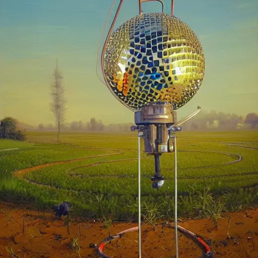 Image similar to a beautiful painting by thomas brom trending on artstation A farm of disco balls, by beeple and james gurney trending onartstation A supersonic irrigation device invented in the woodmarked plain