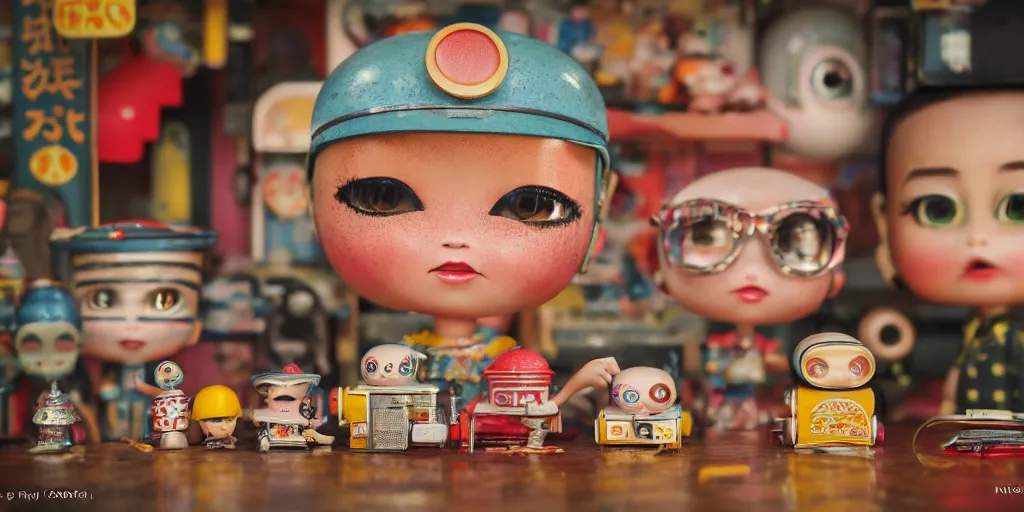 Image similar to closeup portrait of tin toy retro tokyo corner store diorama, depth of field, f 3 2, zeiss lens, detailed, centered, fashion photoshoot, by nicoletta ceccoli, mark ryden, lostfish, breathtaking, 8 k resolution, extremely detailed, beautiful, establishing shot, artistic, hyperrealistic, octane render, - h 8 0 4