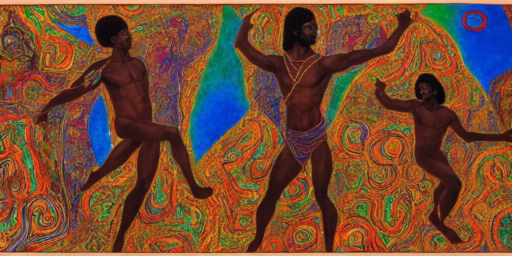 Image similar to an abstract spiritual landscape, portrait of a virile dark - skinned greek god dancing. 2 4 mm, photorealistic, muted color scheme, directed by mati klarwein