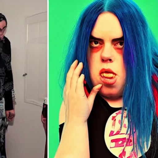 Prompt: morbidly obese billie eilish transforming into a hulk