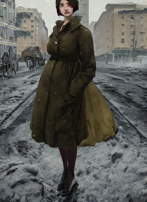 Image similar to full-length portrait of a pregnant woman on the street of besieged Leningrad, historically reliable photo chronicle, winter 1941, , ultra detailed, digital art, octane render, 4K, dystopian, micro details, in the style of Ilya Kuvshinov and Range Murata