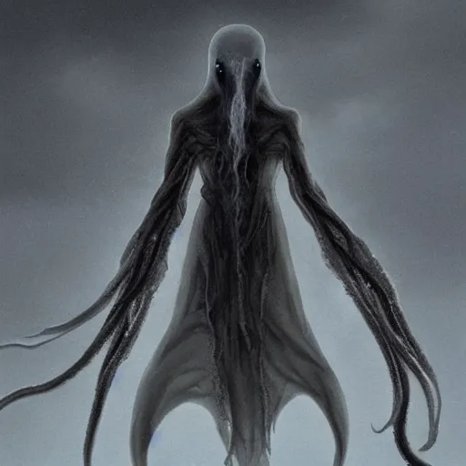 Image similar to concept designs for an ethereal ghostly wraith like figure with a squid like parasite latched onto its head and long tentacle arms that flow lazily but gracefully at its sides like a cloak while it floats around a frozen rocky tundra in the snow searching for lost souls and that hides amongst the shadows in the trees, this character has hydrokinesis and electrokinesis for the resident evil village video game franchise with inspiration from the franchise Bloodborne and the mind flayer from stranger things on netflix