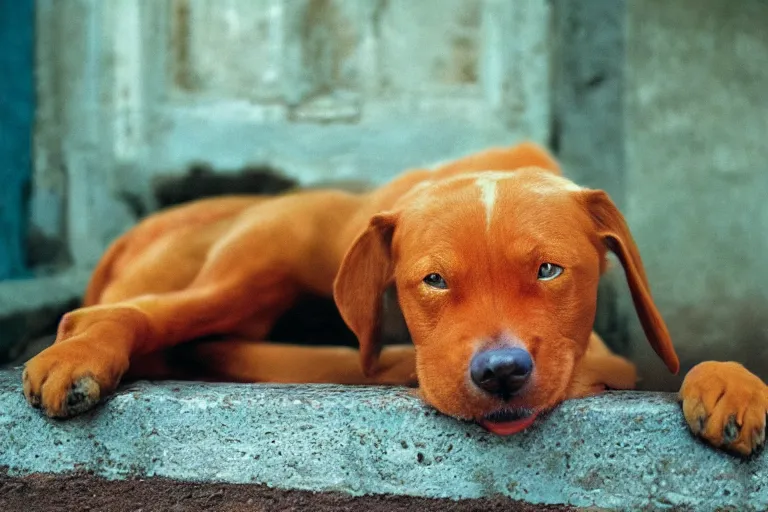 Prompt: closeup potrait of orange dog with crazy bulging eyes, licking its own nose, photograph, natural light, sharp, detailed face, magazine, press, photo, Steve McCurry, David Lazar, Canon, Nikon, focus