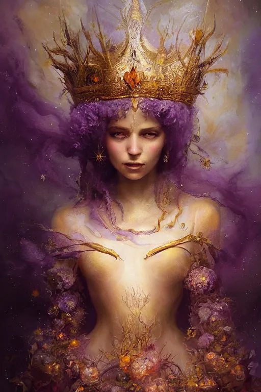 Prompt: breathtaking detailed soft painting of full shot night queen with a golden headpiece, amethyst crown, gauze dress draped of blood and constellations and nebulae in the background, rembrandt style, elegant, highly detailed, artstation, concept art, matte, sharp focus, art by tom bagshaw, seb mckinnon and greg rutkowski