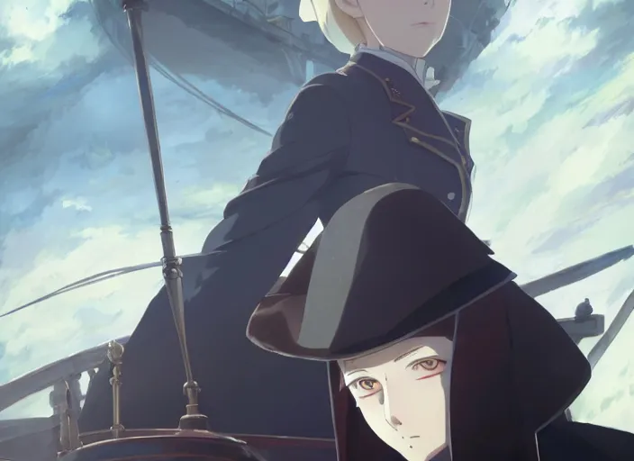 Image similar to portrait of lady maria, helm of second world war warship in background, illustration concept art anime key visual trending pixiv fanbox by wlop and greg rutkowski and makoto shinkai and studio ghibli and kyoto animation, symmetrical facial features, shoulder eyes, astral witch clothes, dieselpunk, realistic anatomy, gapmoe yandere grimdark, volumetric lighting, backlit