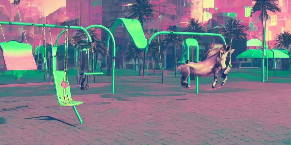 Prompt: donkey riding a playground swing, matrix style falling green text in the background, vaporwave, cyberpunk, digital art