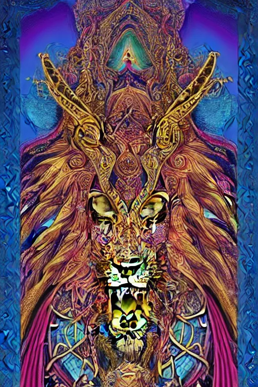 Prompt: beautiful and colorful fractal tarot card featuring an ornate, realistic, and regal viking lion by Dan Mumford, by Jim Fitzpatrick, by joe wilson, featured on deviant art, trending on artstation