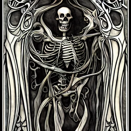 Image similar to a giant skeleton laughing, art nouveau, beautiful, detailed