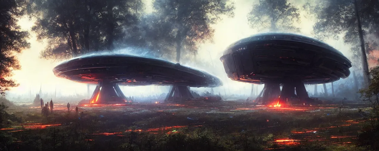 Prompt: a giant megastructure spaceship wrecked and lost in the forest, a small fire in the distance, large lasers and a powerful sound system on the left, detailed digital art by greg rutkowski.