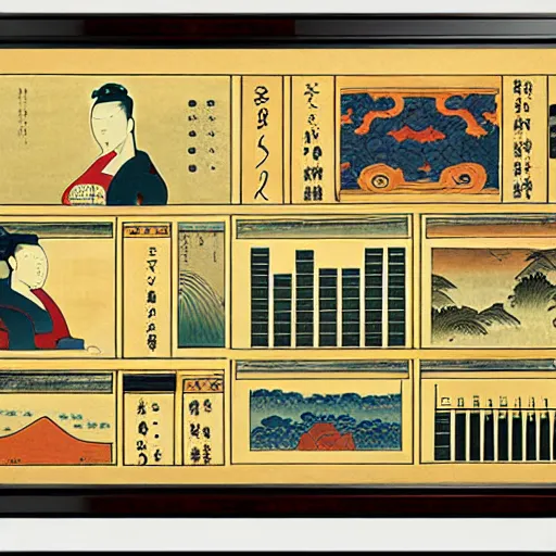 Prompt: dashboard with many financial time series charts, bar charts and metrics, diego rivera with Ukiyo-e influence, HD