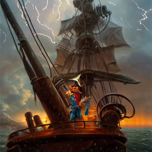 Prompt: mid shot portrait of a pirate with two peglegs and two hook hands steering a wooden galleon through a rain and lightning storm. view from on deck, sails and masts and rigging, detailed dynamic light painting by peter mohrbacher