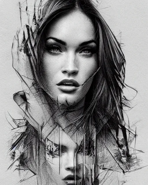 Image similar to double exposure effect tattoo sketch of a megan fox faded with a beautiful mountain scenery, surreal, in the style of matteo pasqualin, amazing detail, sharp