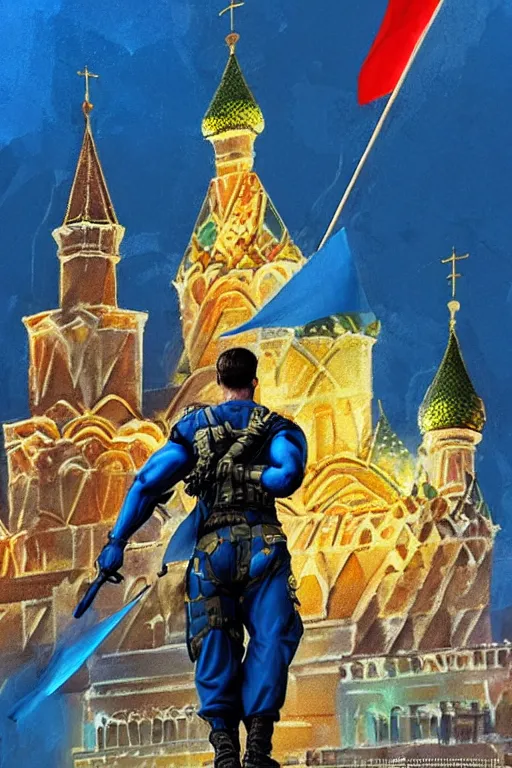 Prompt: special forces soldier raising ukrainian blue and yellow flag, kremlin st. basil cathedral in the background, masculine figure, d & d, fantasy, bright atmosphere, volumetric lights, intricate, elegant, extremely detailed, digital painting, artstation, concept art, matte, smooth, sharp focus, hyper realistic, illustration, art by artgerm and greg rutkowski and alphonse mucha