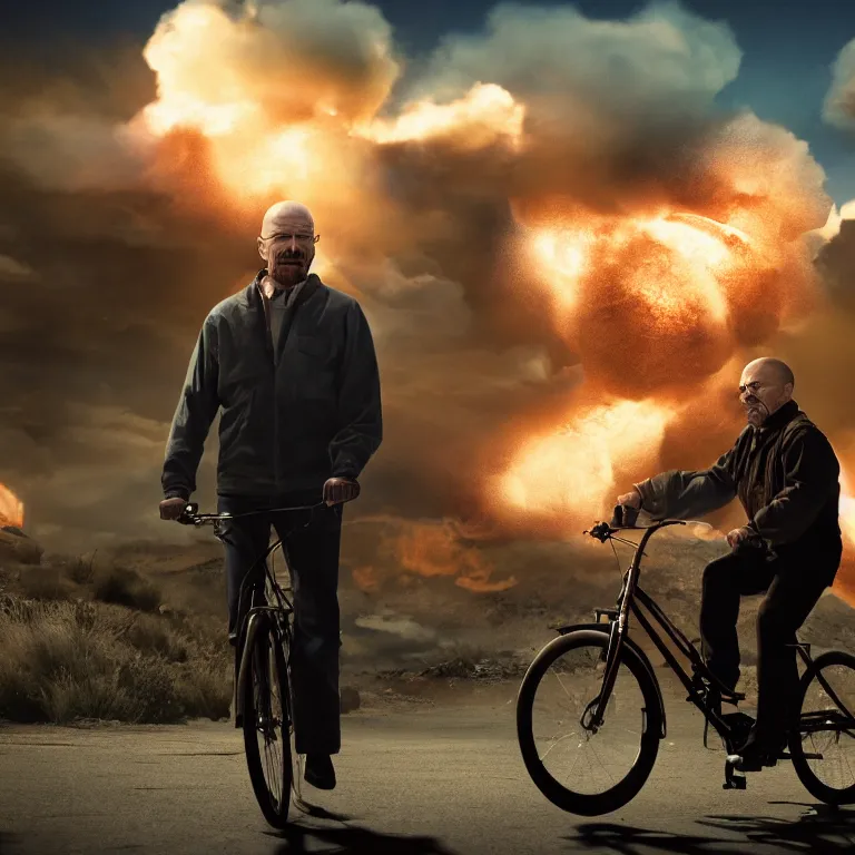 Image similar to photo of walter white riding a bike with an exploding building behind him, color, cinematic lighting