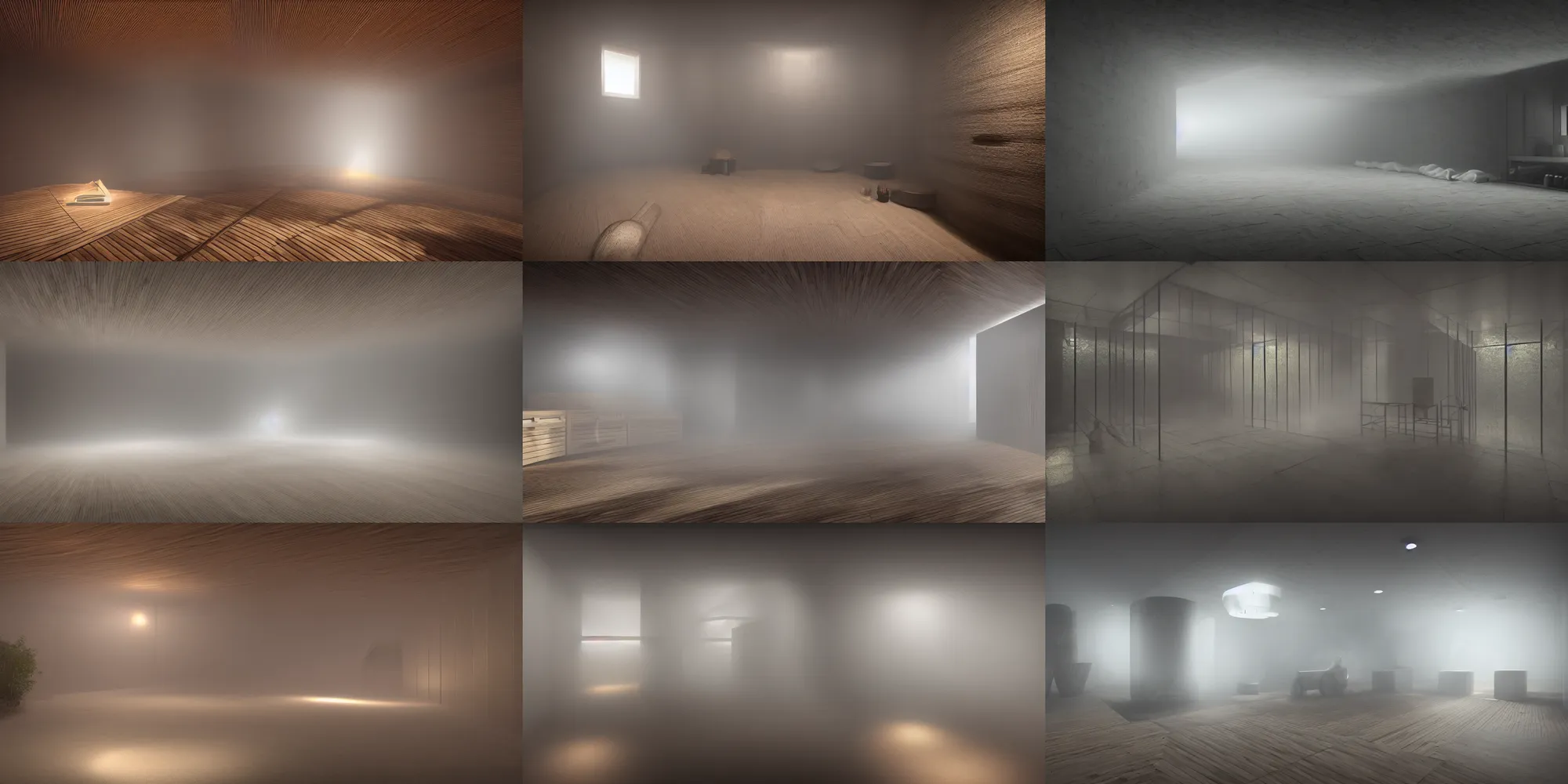 Prompt: photo of a misty infinite sauna, megalophobia, liminal space, ultra clean and scary ambiance, ray tracing