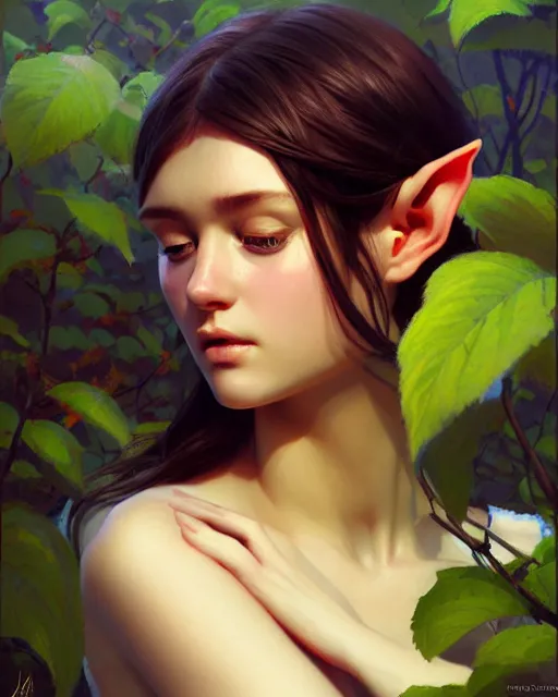 Image similar to stylized portrait of an artistic pose, composition, young elf nymph surrounded by nature, realistic shaded, fine details, realistic shaded lighting poster by ilya kuvshinov, magali villeneuve, artgerm, jeremy lipkin and michael garmash and rob rey