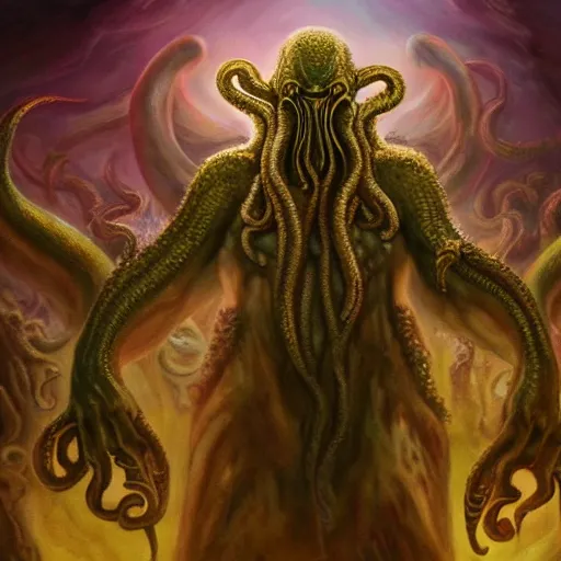 Image similar to cinematic scene of Cthulhu the cosmic god enveloping the fearful people, lovecraft