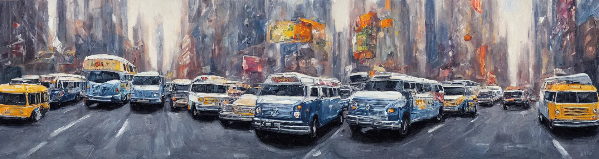 Prompt: a detailed oil painting of vw buses in new york city