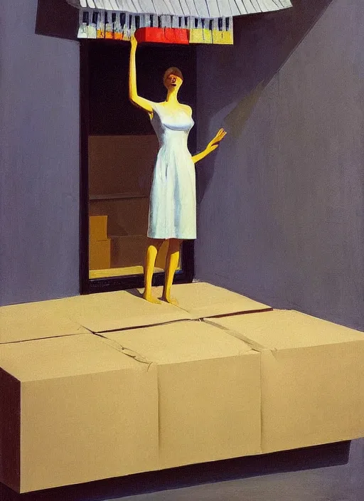 Prompt: woman in dress made from plastic bag with paper bags for clothes standing inside paper bags with paper bag over the head at store display Edward Hopper and James Gilleard, Zdzislaw Beksinski, highly detailed