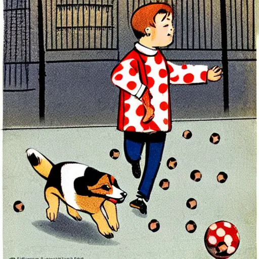 Image similar to book illustration of a french boy on the streets of paris playing football against a corgi, the dog is wearing a polka dot scarf, 1 9 6 6