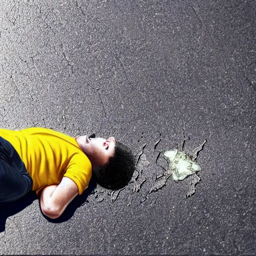 Prompt: a man laying in a puddle on the road with broken glass on the road photorealistic