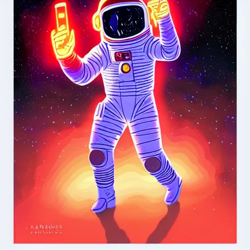 Prompt: glowing astronaut inspired by René Laloux, Dan Mumford, stars, cinematic