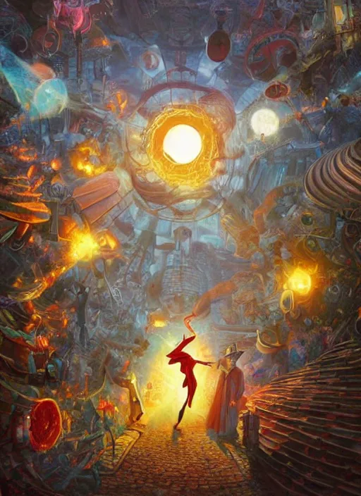 Image similar to the third first image on the scattered absurdity server, dr seuss, and dr strange, looking at an open portal hopping and time warping with reckless abandon, dramatic atmosphere, photo realistic, hyperrealism, by Greg rutkowski, Jacek Yerka, Dan Mumford