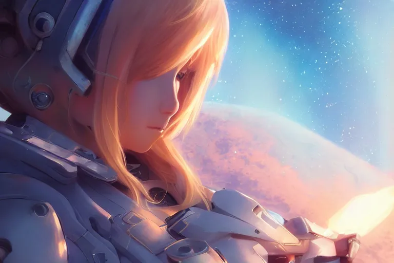 Image similar to blonde anime girl in the spacesuit, volumetric lighting, glowing lights, 4k, octane, digital painting, artstation, concept art, sharp focus, illustration, art by artgerm and greg rutkowski and alphonse mucha